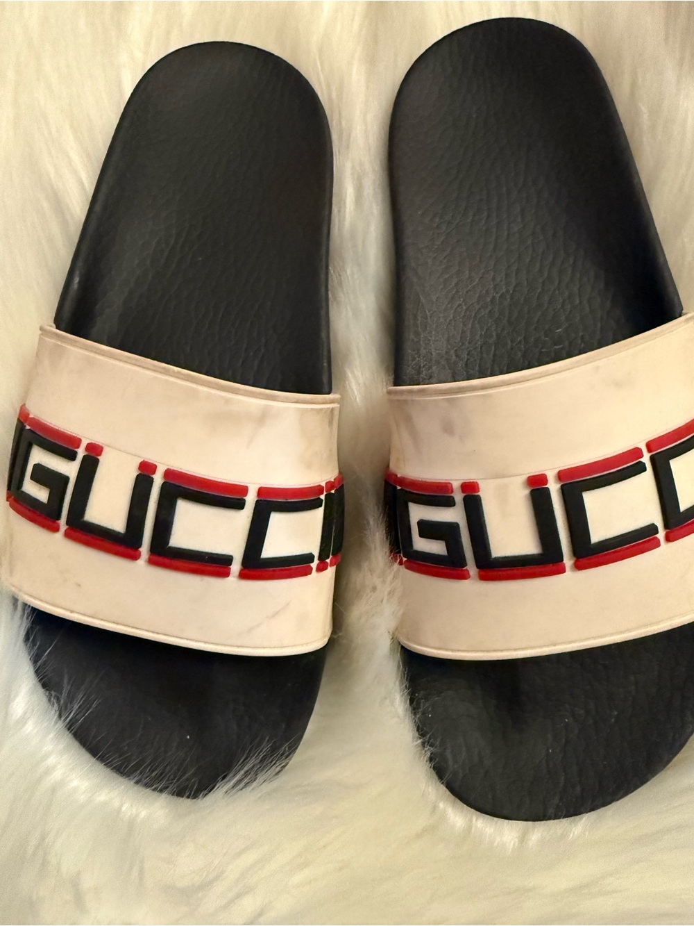 Gucci Black Footbed White Strap Slide Sandals with Red & Green Logo